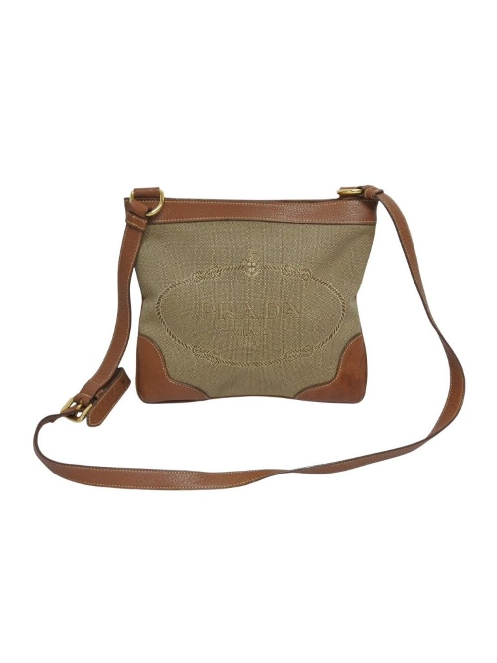 Prada Logo Jacquard Shoulder Bag Beige Brown Cotton Canvas Gold